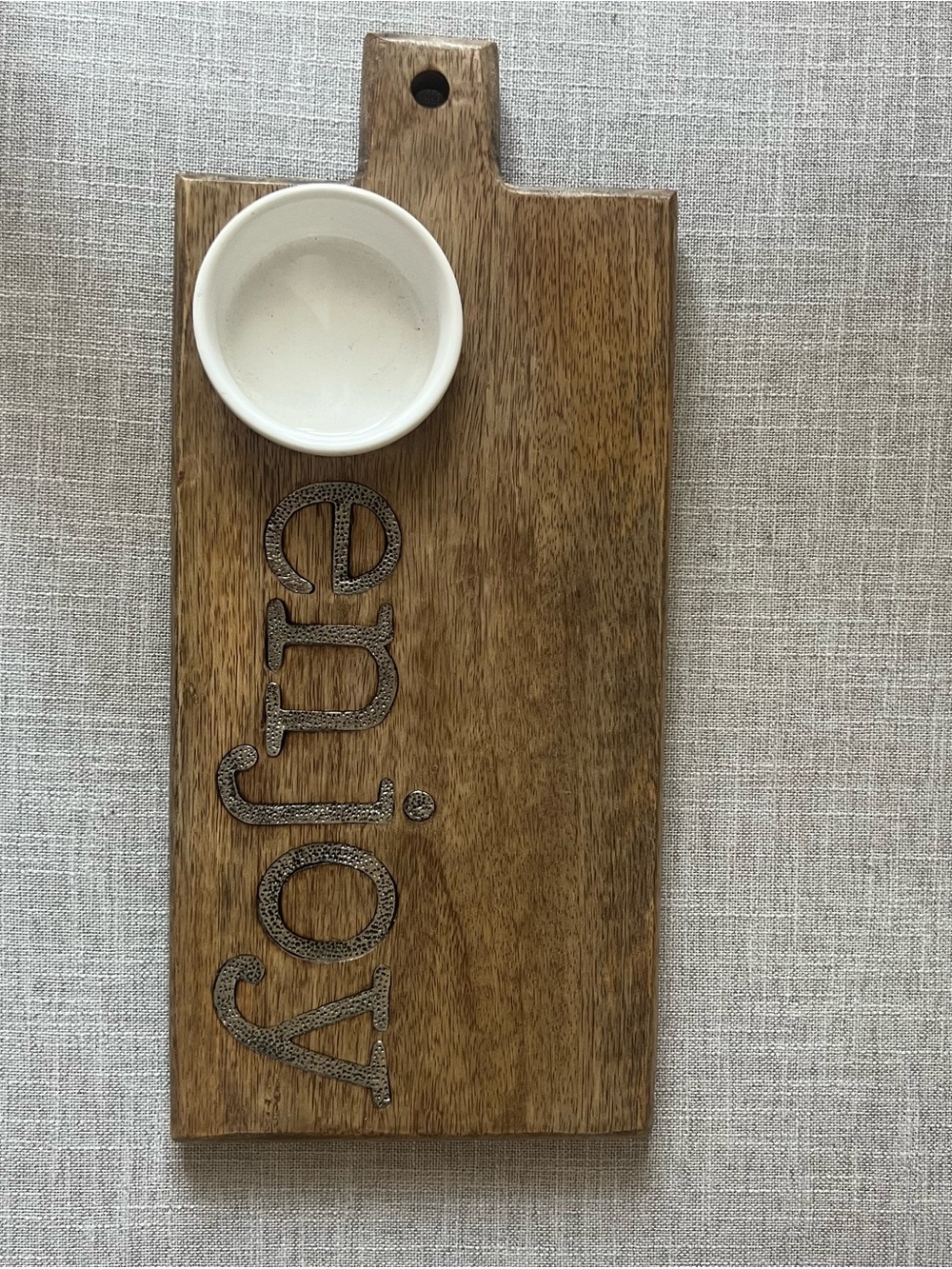 Wood Serving Board with 'Enjoy' Carved Accent and ceramic dip cup, Natural Brown